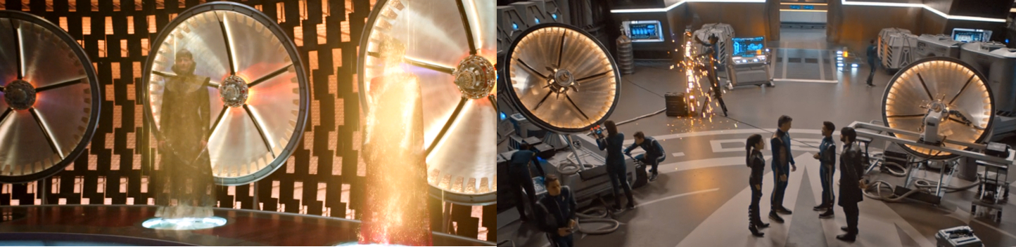 Der Transporterraum der USS Shenzhou (links) in "Leuchtfeuer" (1x01) und die Diskriminatoren (rechts) in "Der rote Engel" (2x10) (Szenenfotos: CBS)