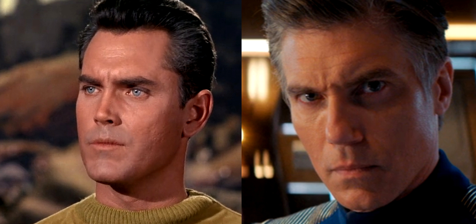 Der originale Captain Pike (Jeffrey Hunter, links) und die neue Captain Pike (Anson Mount, rechts) in "The Cage" und "If Memory Serves" (Szenenfotos: CBS)