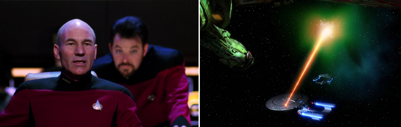 Captain Picard (Patrick Stewart) und seine Enterprise-D beschützt in "Yesterday's Enterprise" (TNG 3x15) die Enterprise-C, damit diese in die Raumverzerrung zurückkehren und die ursprüngliche Zeitlinie wieder herstellen kann (Szenenfoto: CBS).