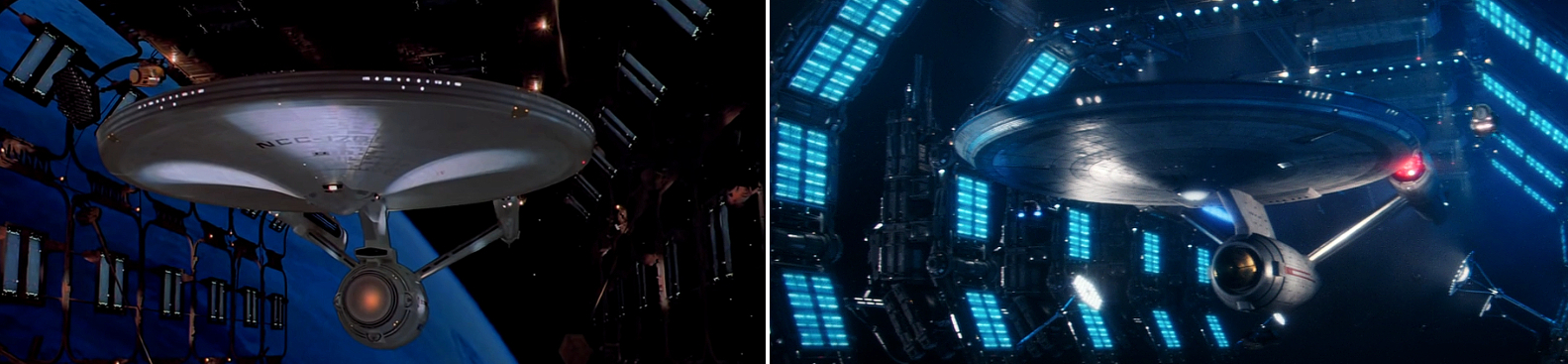 Die U.S.S. Enterprise NCC-1701 im Raumdock, links 2271 in "Star Trek: The Motion Picture" und rechts 2257 in "Such Sweet Sorrow" (Szenenfotos: Paramount Pictures, CBS).