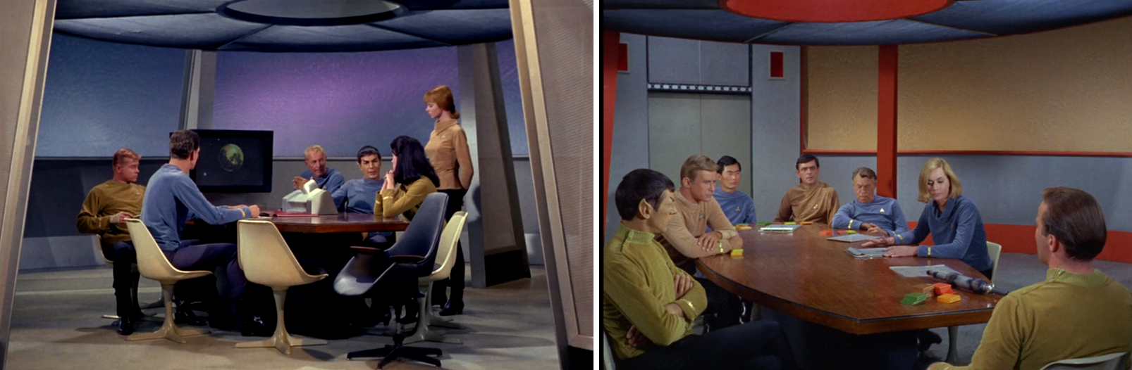Die runde Form des Konferenzraums entspricht dem Set aus den beiden Pilotepisoden "The Cage" und "Where No Man Has Gone Before" aus dem Jahr 1965. In "The Original Series" wurde später ein größerer Konferenzraum verwendet (Fotos: CBS).