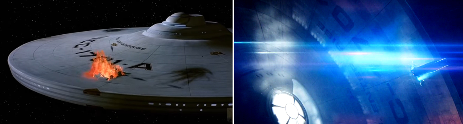 Ähnlich wie die NCC-1701 in "Such Sweet Sorrow" wird auch die nächste Enterprise, die NCC-1701-A, in "Star Trek VI" auf Höhe der vorderen Untertassensektion von einem Torpedo getroffen und stark beschädigt werden (Szenenfotos: Paramount Pictures, CBS).