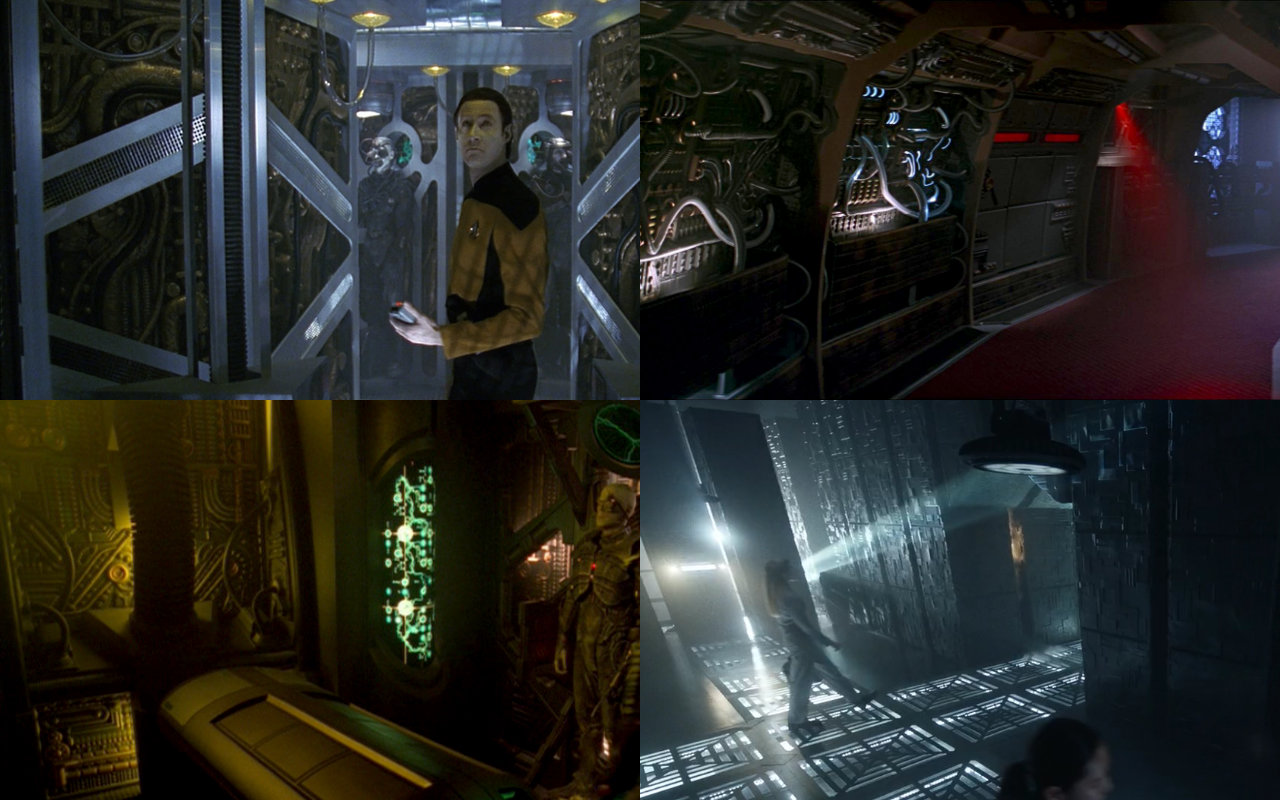 Borg-Korridore aus "The Best of Both Worlds" (oben links), "First Contact" (oben rechts), "Dark Frontier" (unten links) und "The Impossible Box" (unten rechts) (BIlder: ViacomCBS)
