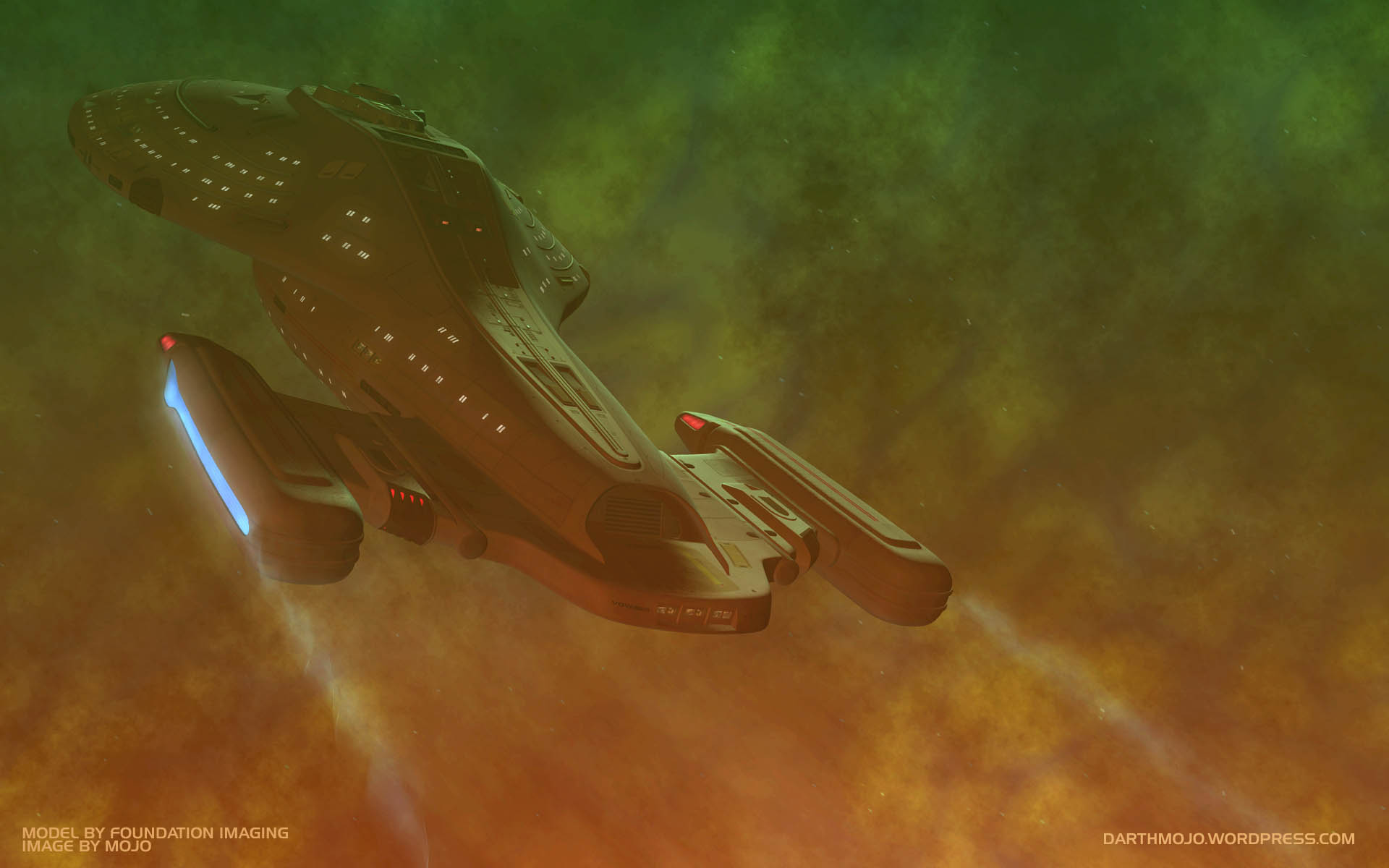 U.S.S. Voyager fliegt durch den fluiden Raum in "Scorpion, Part II" (Bild: Nutzung mit freundlicher Erlaubnis von Adam "Mojo" Lebowitz)
